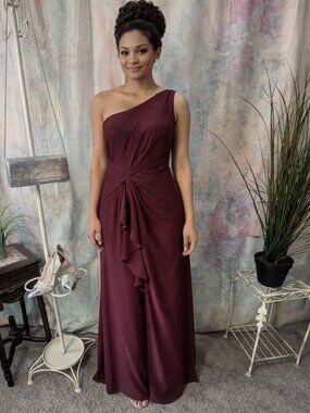 📌JJs House Burgundy One Shoulder Chiffon Bridesmaid - Prom - Formal Dress Slit